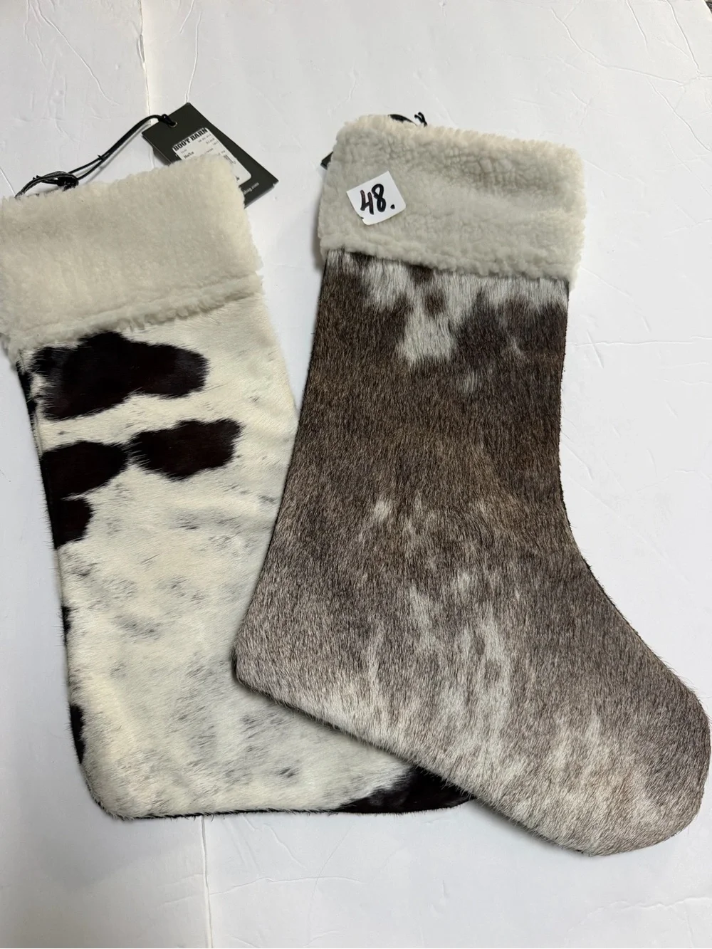 Pair Cowhide Fur Christmas Stockings - Neutral Brown & White